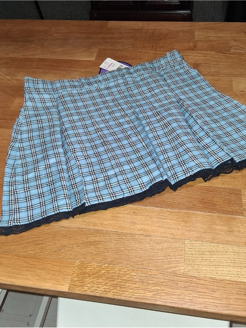 Blue Plaid Mini Skirt with Lace Trim